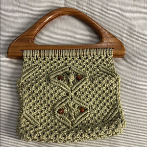 Vintage Handcrafted Macramé Bag Wooden Handles top opening purse beige brown